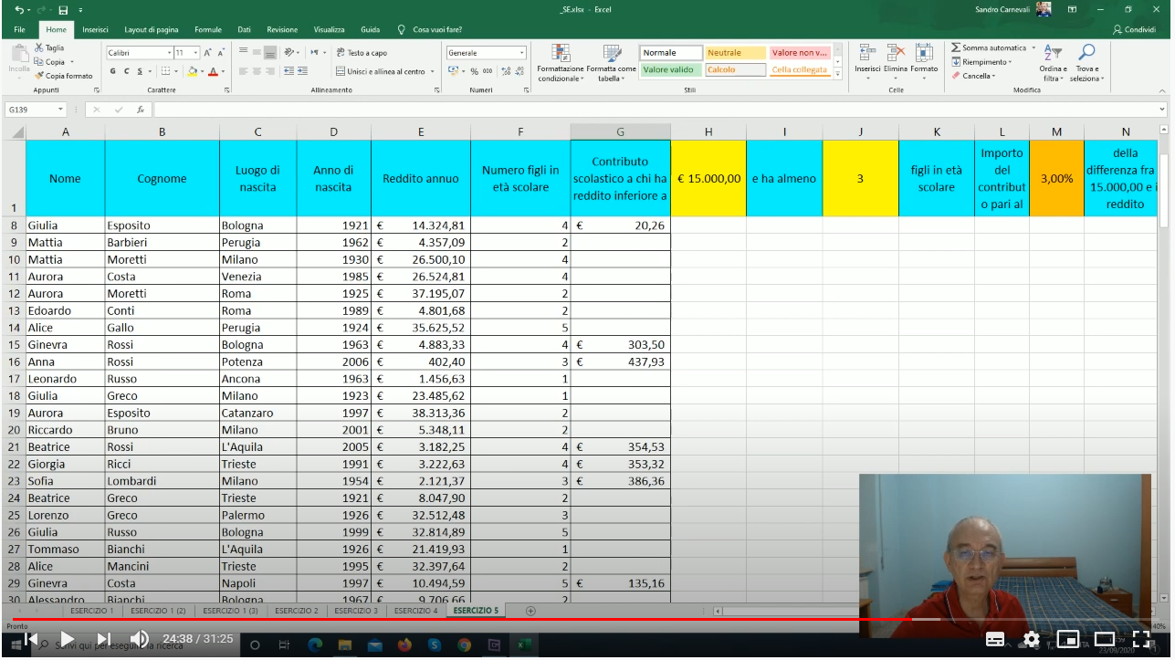 Excel ITA - Lezione 10: Importo del contributo scolastico in base al reddito e al numero di figli.